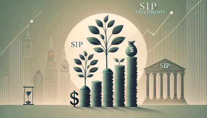 SIP investments represented by growing stacks of coins with a sprouting plant and a rupee symbol, symbolizing financial growth and long-term wealth creation