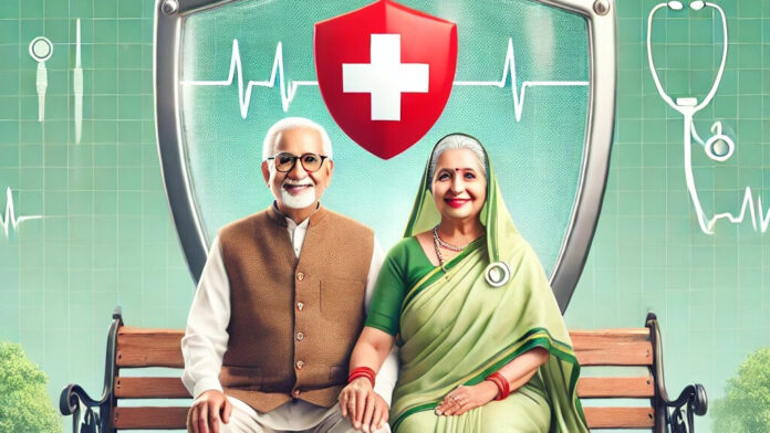 A modern graphic showing senior citizens discussing health insurance plans with financial symbols and a calculator in the background, emphasizing comprehensive health insurance coverage in India