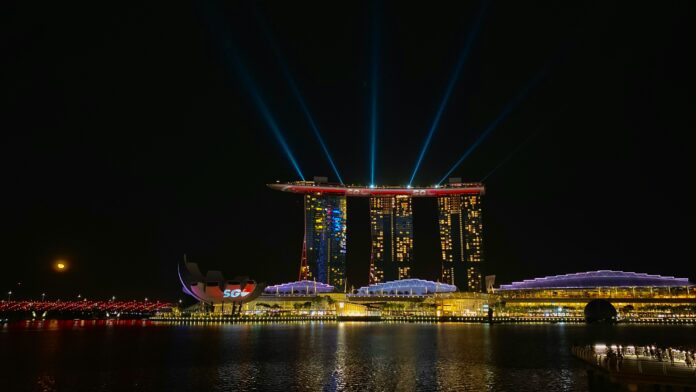 Marina Bay, Singapore skyline at dusk, symbolizing the vibrant economy and lifestyle that attract NRIs, featured in an article on financial planning for NRIs returning to India.