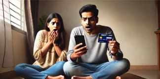 How to protect against Financial frauds? financial frauds-A shocked Indian couple sitting on the floor, looking at a smartphone and a credit card with expressions of fear and surprise, reacting to possible financial fraud or an online scam.