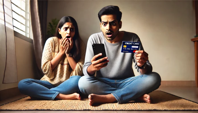 financial frauds-A shocked Indian couple sitting on the floor, looking at a smartphone and a credit card with expressions of fear and surprise, reacting to possible financial fraud or an online scam.