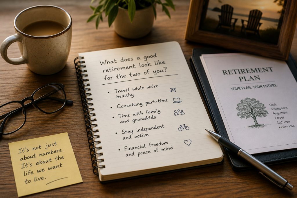 Notebook with retirement goals beside a retirement plan, illustrating that good retirement planning begins with conversations about life, not just calculations.