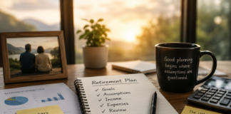 Why Retirement Planning Assumptions Matter More Than Calculations Illustration of retirement planning beyond calculations, showing a couple discussing assumptions, goals and long-term financial decisions with a financial planner.