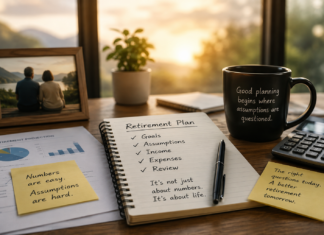 Why Retirement Planning Assumptions Matter More Than Calculations Illustration of retirement planning beyond calculations, showing a couple discussing assumptions, goals and long-term financial decisions with a financial planner.