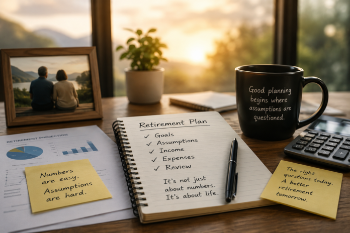 retirement Illustration of retirement planning beyond calculations, showing a couple discussing assumptions, goals and long-term financial decisions with a financial planner.