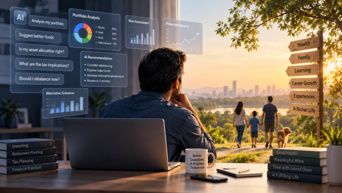 Investor using AI for portfolio analysis while balancing attention between money, health, family and life