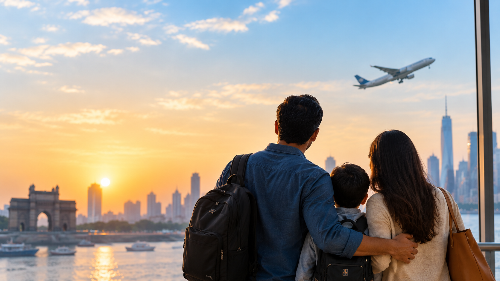 NRI Family Looking Ahead from India Indian family looking toward the Mumbai skyline as an airplane flies overhead