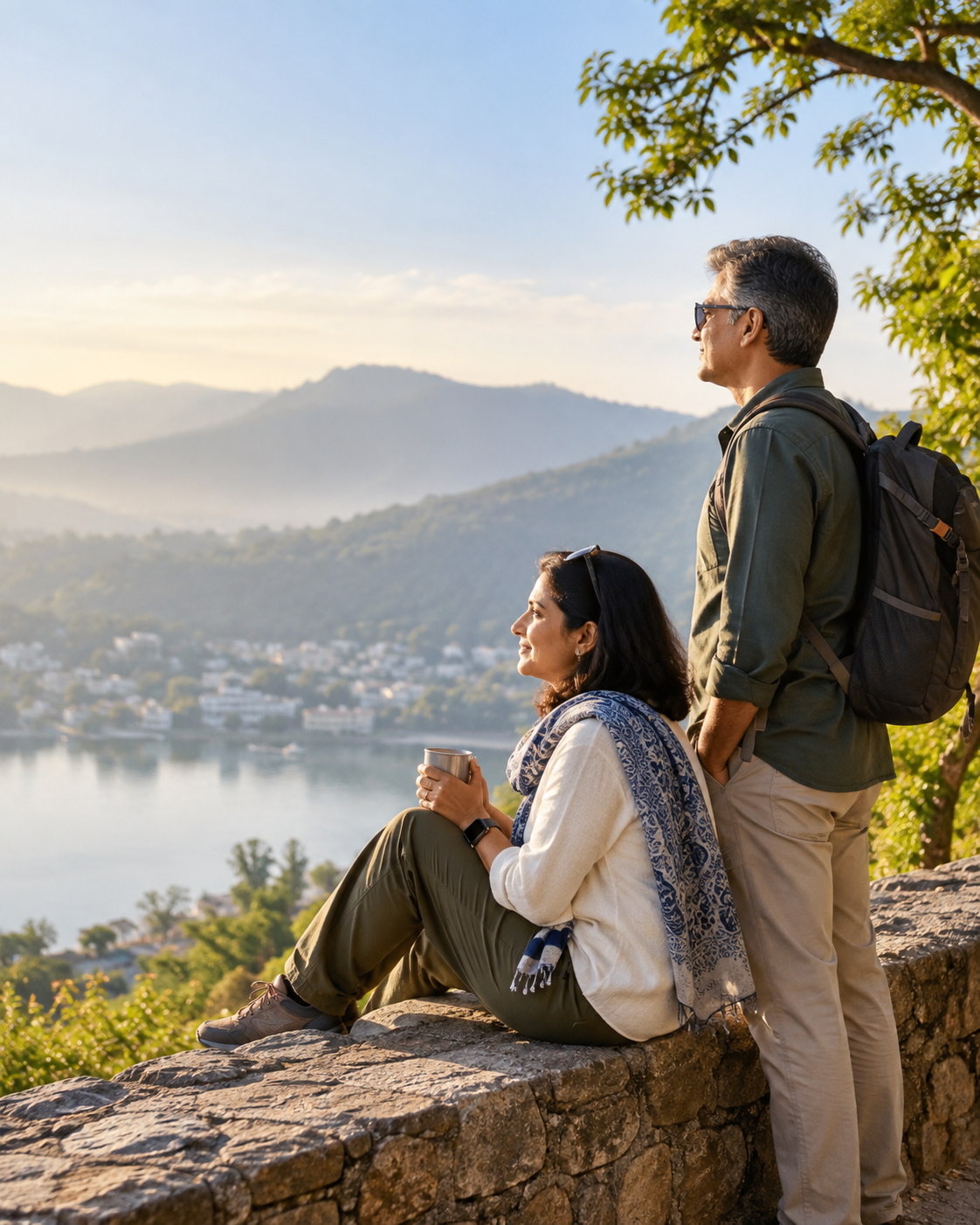 Indian couple enjoying time together in the mountains after retirement