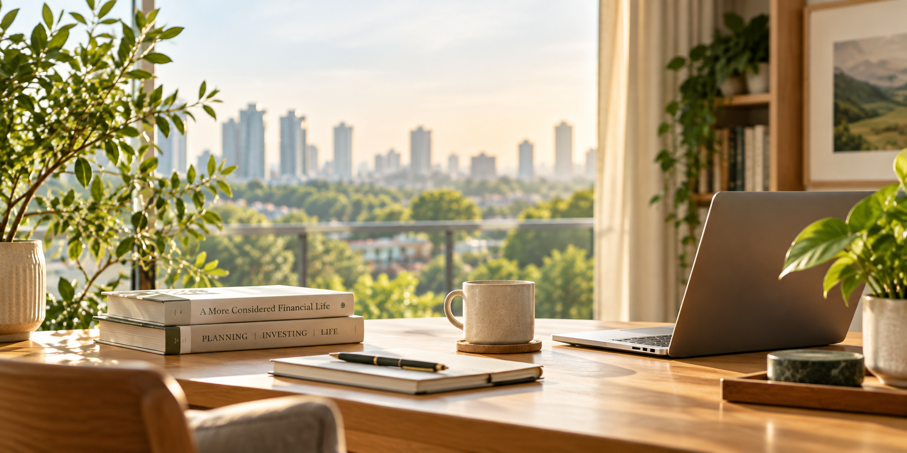 Sunlit workspace with a laptop, planning books and notebook overlooking a green cityscape